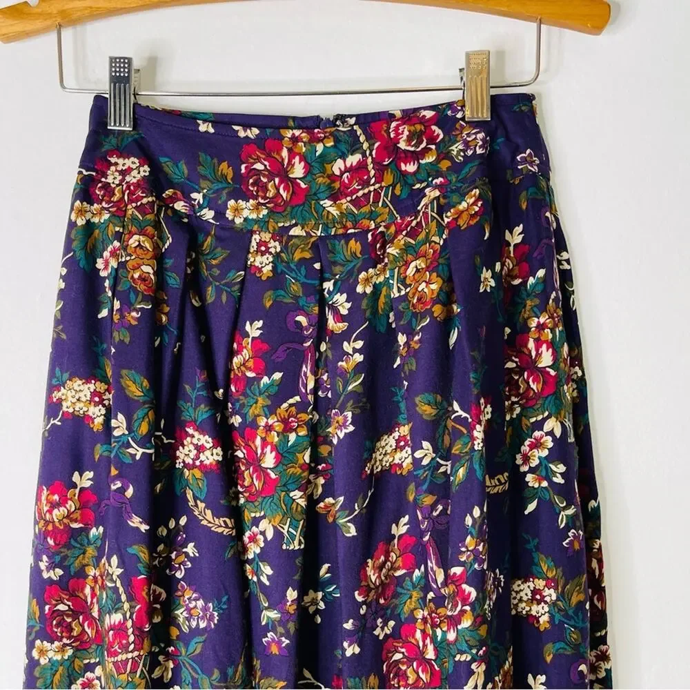 Vintage purple cream pink floral pleated cottagecore midi skirt  2P